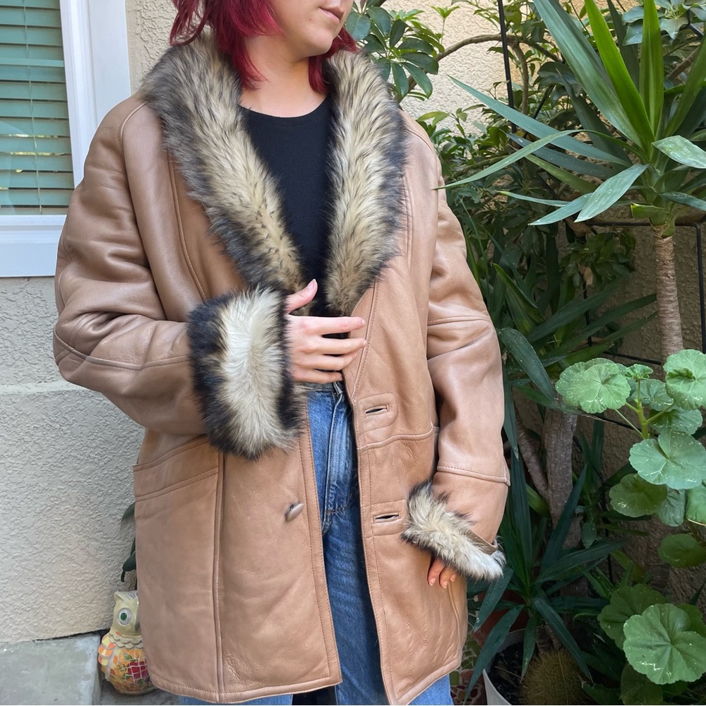 Vintage 90’s tan High Fashion Infinite sheepskin shearling oversized jacket